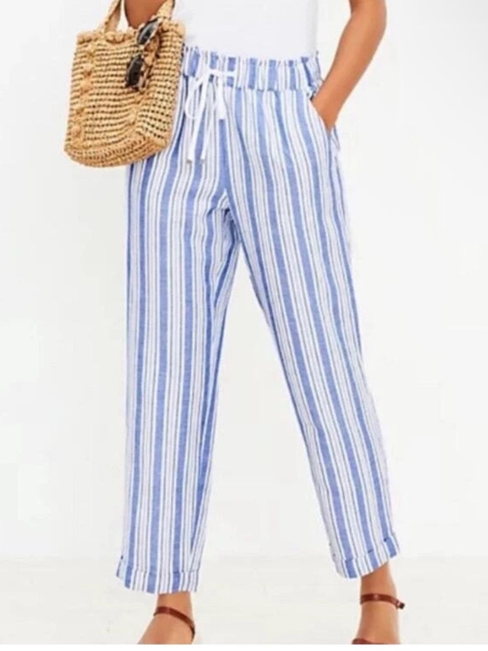 LOFT Linen Blend Blue White Striped Drawstring Pants Ann Taylor